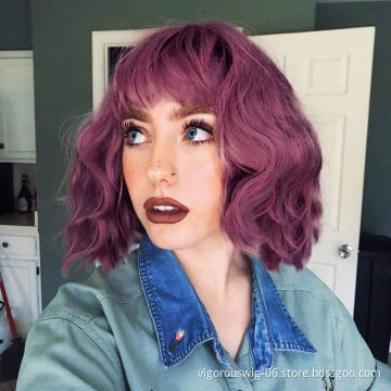 Vigorous Fashion Girl Synthetic Short Wavy Wigs Natural Short Bob Purple Wig With Neat Bangs  Heat Resistant Wholesale Price
